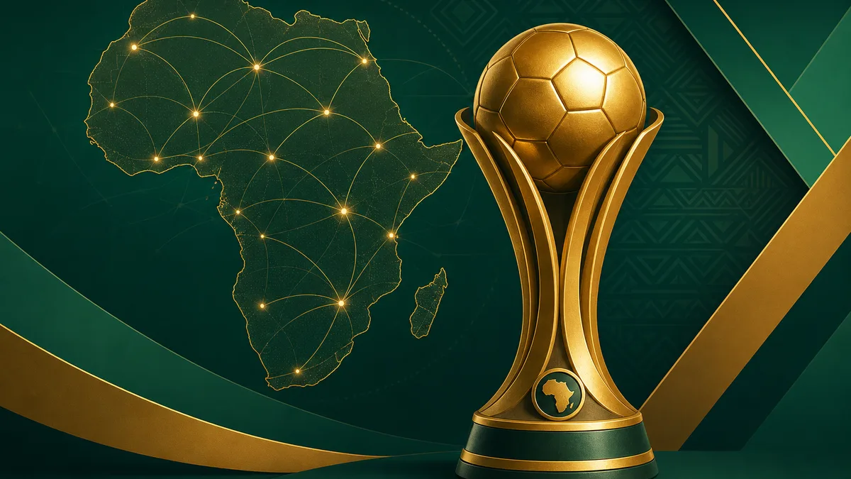A gold football trophy beside a connected map of Africa representing leagues and competitions